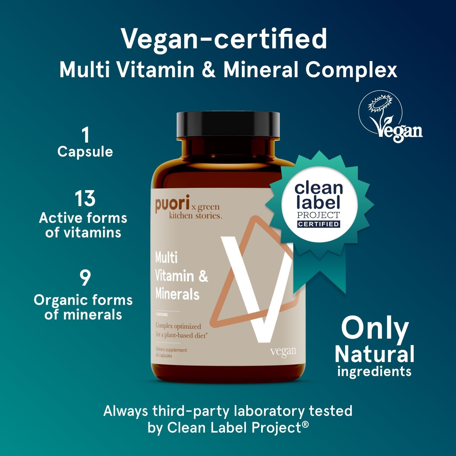 Puori Vegan Multi-Vitamin & Mineral Complex for Men & Women - Blended Multivitamins with 13 Essential Vitamins & 9 Minerals for Overall Health, Nervous & Immune System Support - 60 Capsules