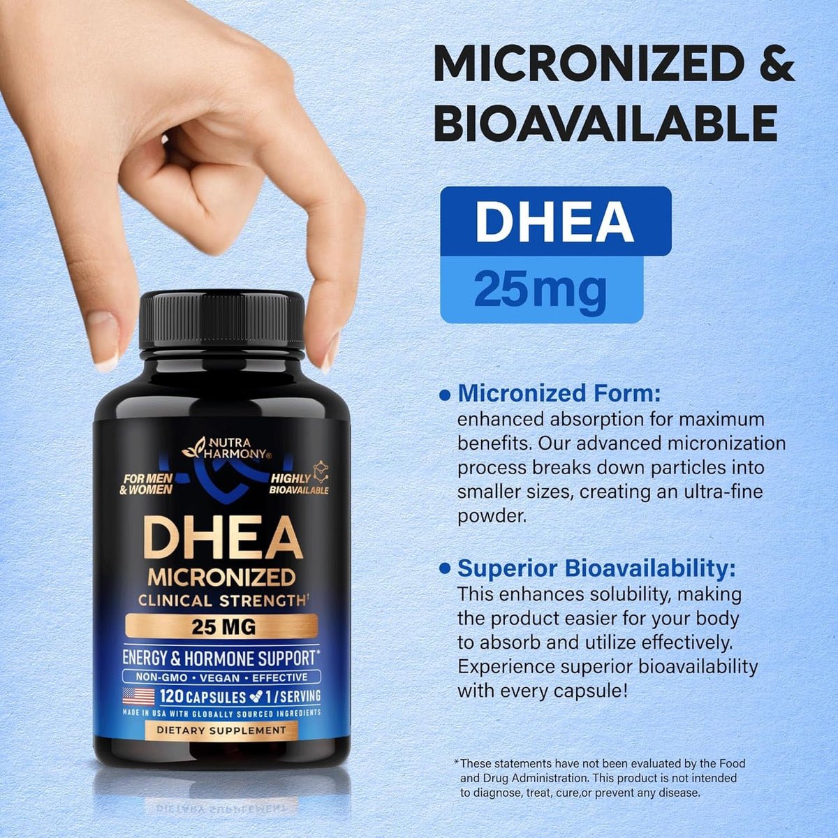 DHEA 25Mg - Micronized DHEA Supplement for Women & Men - Clinically Proven Strength & Bioavailable - Healthy Aging, Hormone Balance & Energy Level Support - Lab Tested - Vegan & NON-GMO - 120 Capsules
