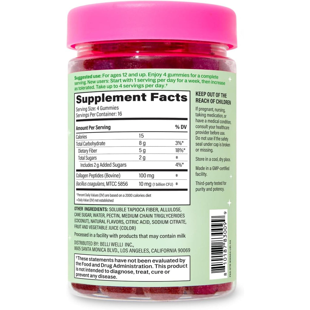 Belli Welli Fiber 4-In-1 Fiber Gummies Supplement with Added Probiotics, Collagen and Electrolytes for Regularity and Bloat Relief, Watermelon, 120 Count