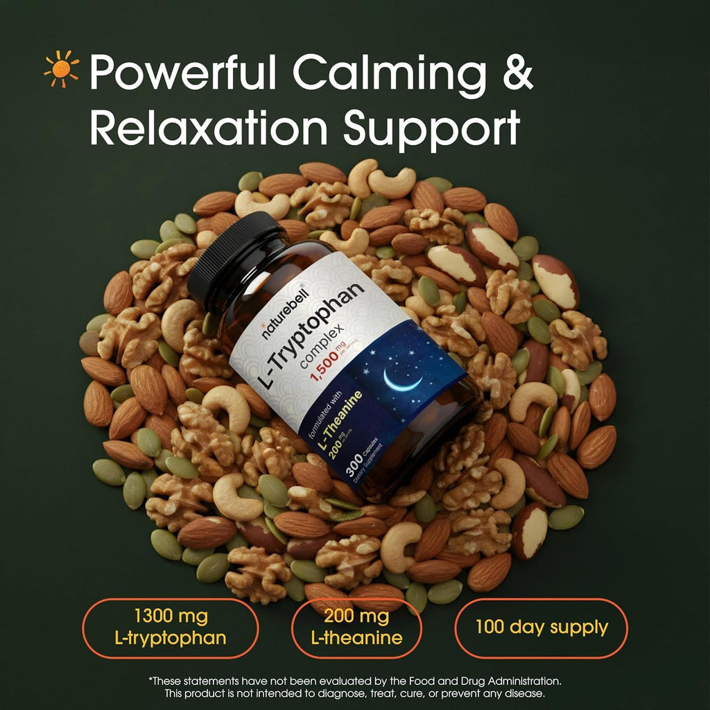 Naturebell L-Tryptophan Complex - 300 Capsules - Triple Strength 1,300Mg L-Tryptophan with 200Mg Free-Form L-Theanine - Calming Support Formula for Relaxation & Wellness*