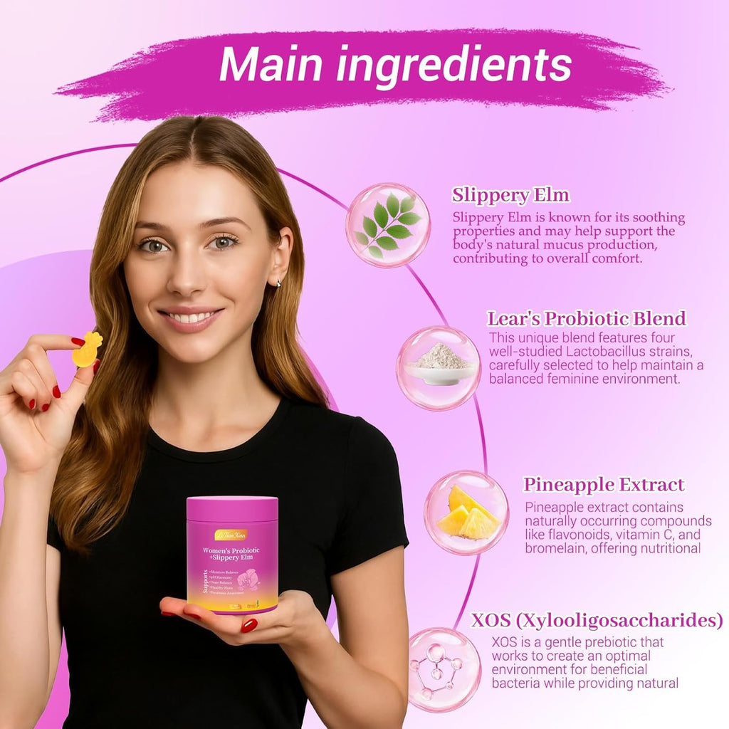 Her Juicy Feminine Probiotics Gummies for Women with Slippery Elm, Prebiotics & Lactobacillus - for Ph Balance & Digestive Health, Tropical Pineapple Flavor, 60 Count