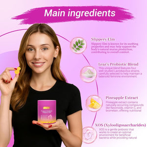 Her Juicy Feminine Probiotics Gummies for Women with Slippery Elm, Prebiotics & Lactobacillus - for Ph Balance & Digestive Health, Tropical Pineapple Flavor, 60 Count