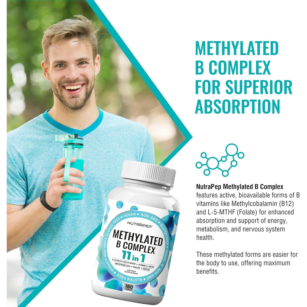 Nutrapep Methylated B-Complex Vitamins - Complete Methyl B Complex Multivitamin with Bioactive B9 5-MTHF B6 B12 - MTHFR Support Supplement for Brain Heart Energy - Vegan Gluten Free Sugar Free