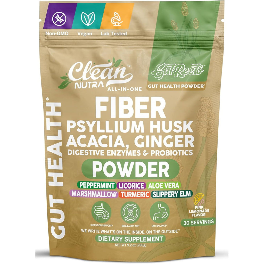 Gutresto Fiber Supplement Psyllium Husk Powder Probiotic Gut Health Digestive Enzymes Prebiotic L-Glutamine Slippery Elm Aloe Vera Marshmallow Root Turmeric Ginger Peppermint by Clean Nutra 30 Svgs