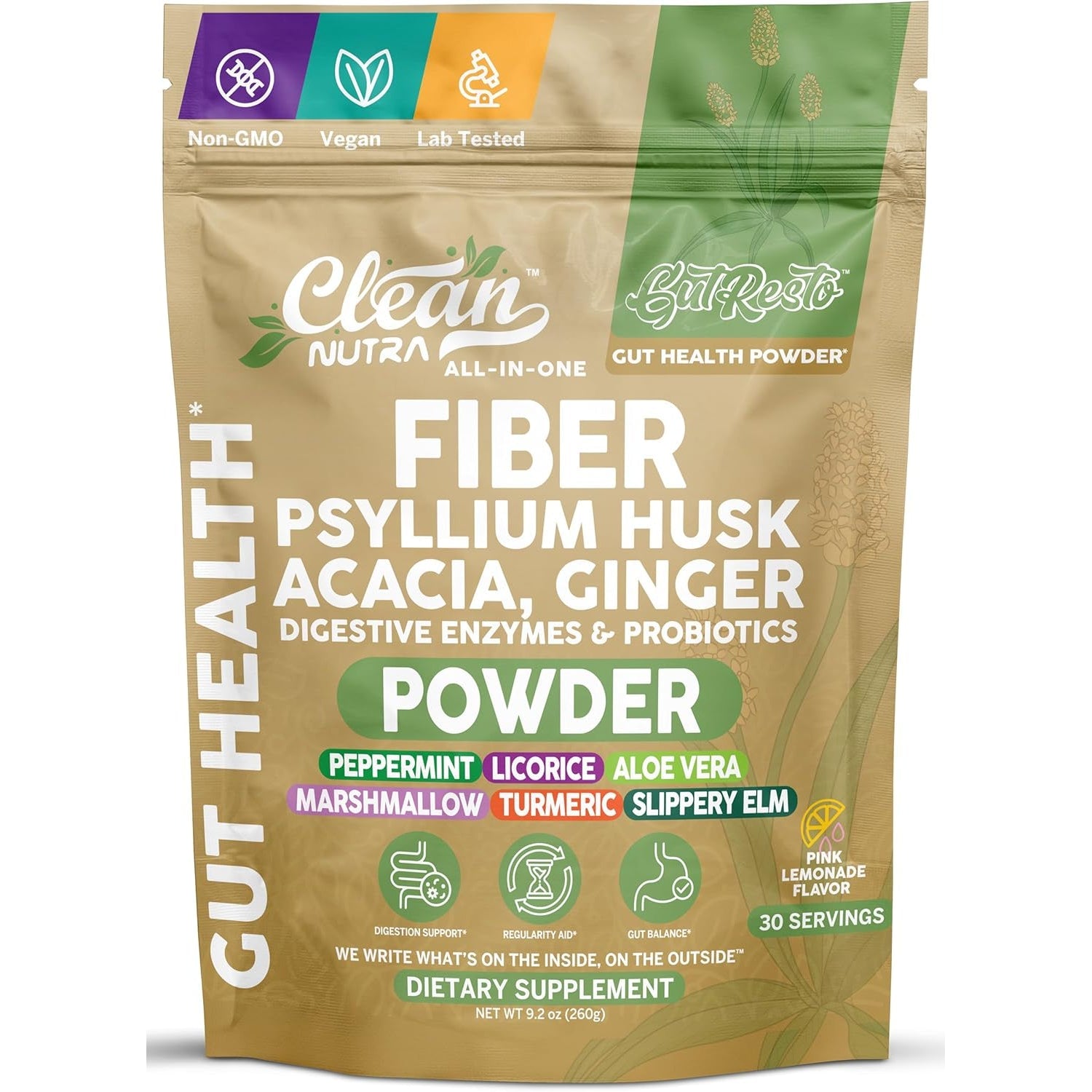 Gutresto Fiber Supplement Psyllium Husk Powder Probiotic Gut Health Digestive Enzymes Prebiotic L-Glutamine Slippery Elm Aloe Vera Marshmallow Root Turmeric Ginger Peppermint by Clean Nutra 30 Svgs