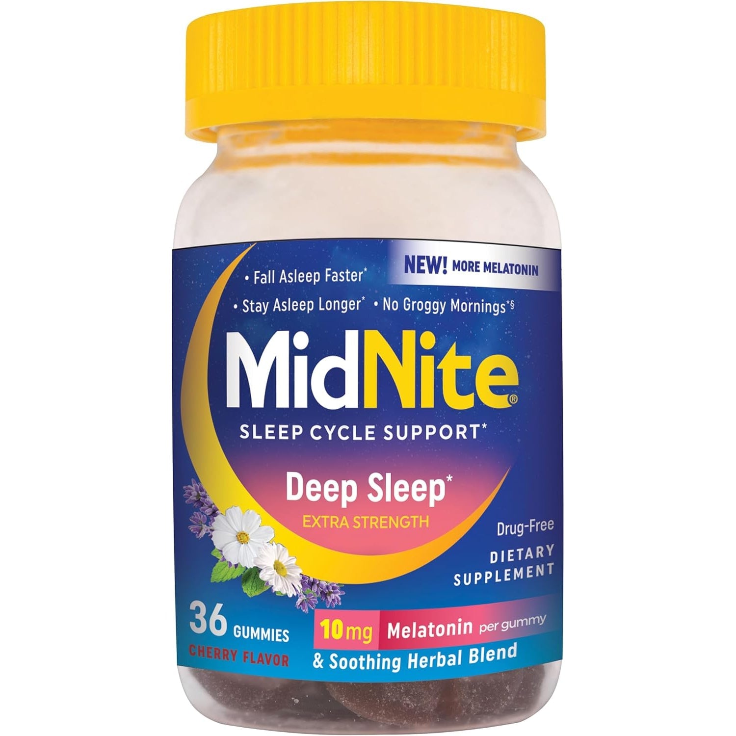 Midnite Deep Sleep Extra Strength, 10 Mg Melatonin Sleep Aid, Non-Habit Forming, Herbal Dietary Supplement for Adults, Drug-Free, Gluten-Free, and Lactose-Free, Vegetarian-Friendly, 36 Gummies