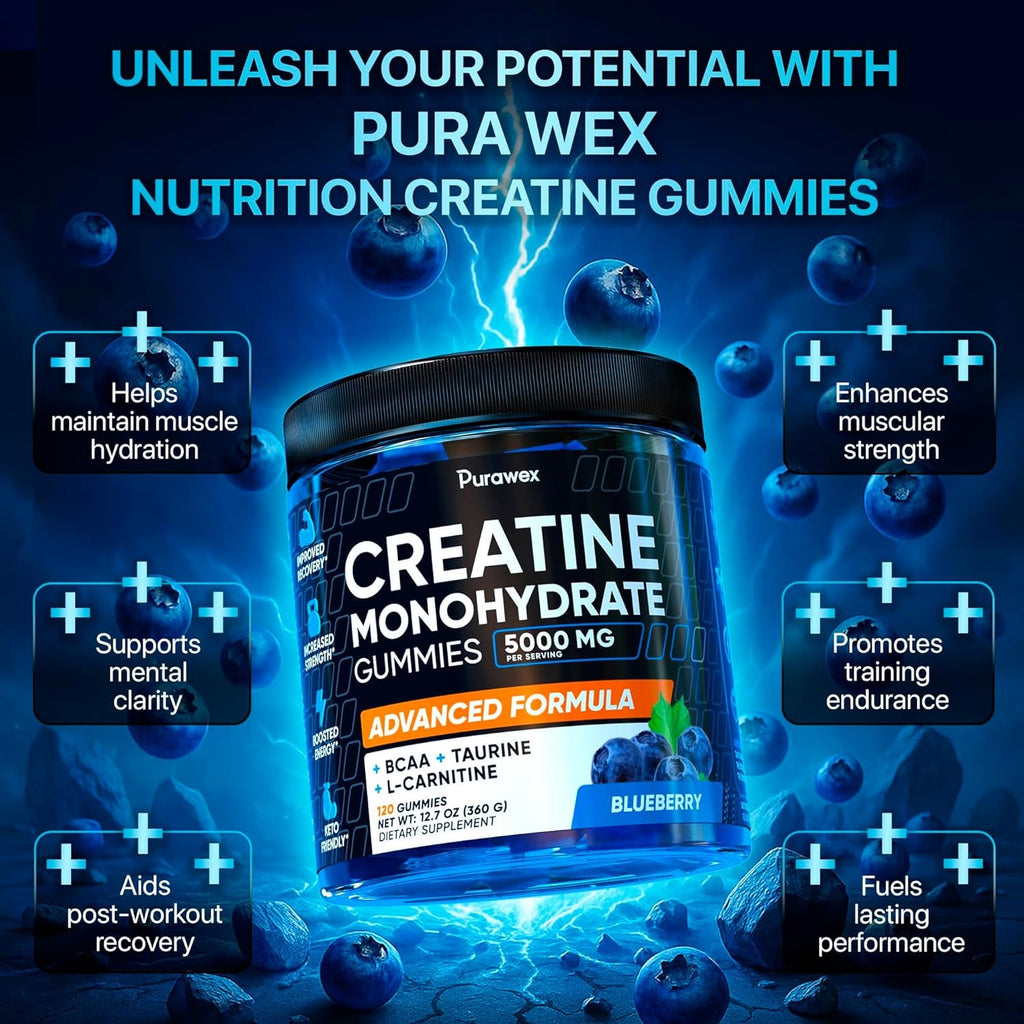 Creatine Monohydrate Gummies 5000Mg Complex for Men & Women - Pre Workout Creatine Chews for Muscle Growth, Strength & Energy, Sugar Free, Vegan, Blueberry Flavor - 120 Count
