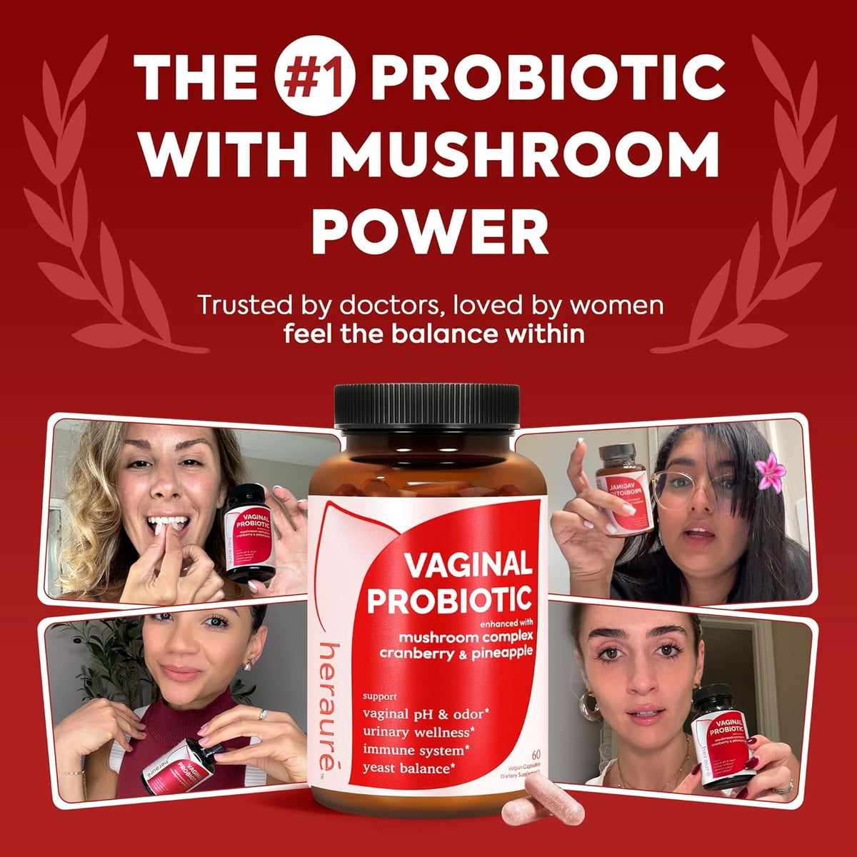 Heraure Vaginal Probiotics for Women - Ph Balance, Healthy Vaginal Odor, Vaginal Flora, Yeast Balance, Women Probiotics and Prebiotics, Immune Support - Prebiotics & Lactobacillus Probiotic,60Ct