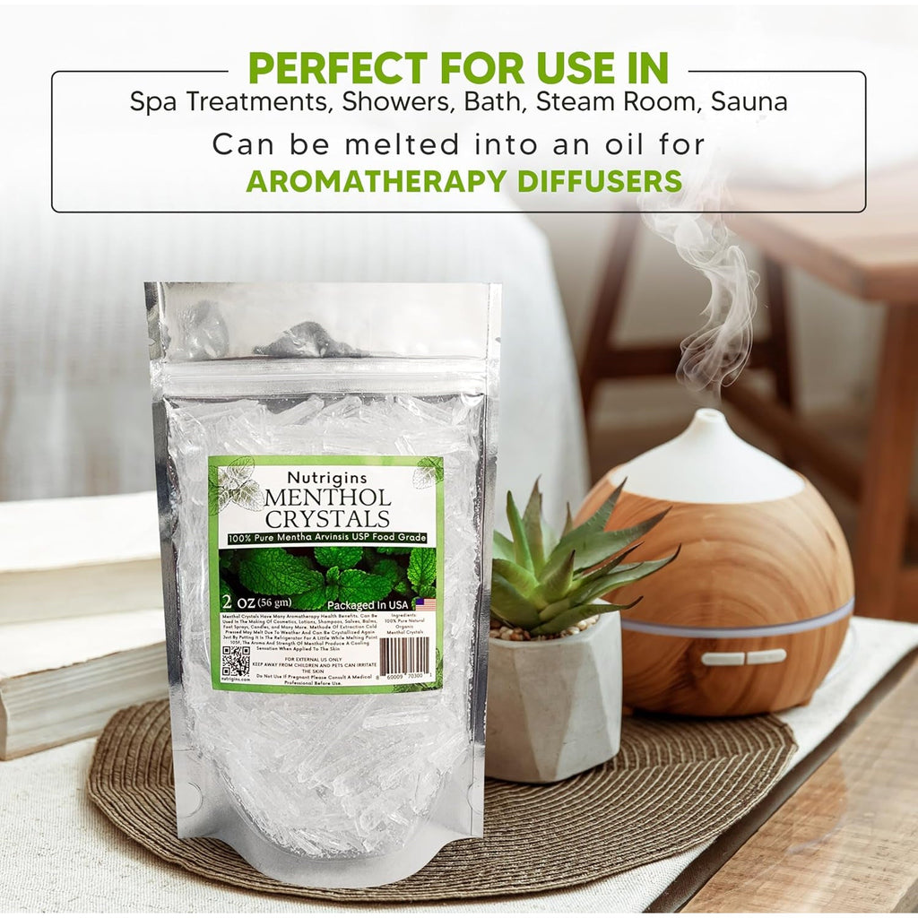 Menthol Crystal 2 Oz - Pure Organic 100% Natural - Menthol Crystals from Mint Crystal Mints Mentha Arvensis - Comes in Resealable Standup Bag for Long-Lasting Freshness