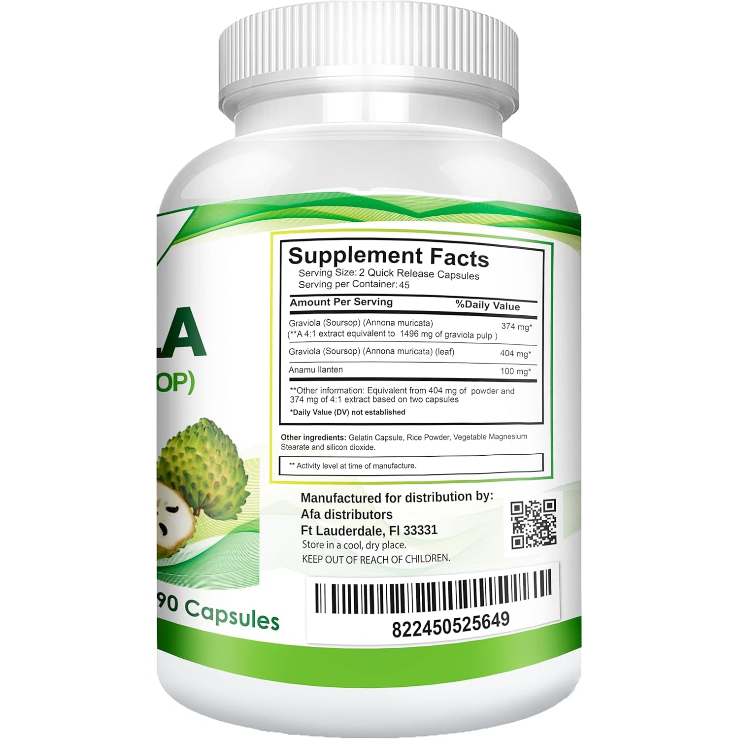 Graviola Soursop Guanabana Extract Anamu Llanten Natural Dietary Supplement. Leaf & Fruit Extract 90 Capsules Non-Gmo