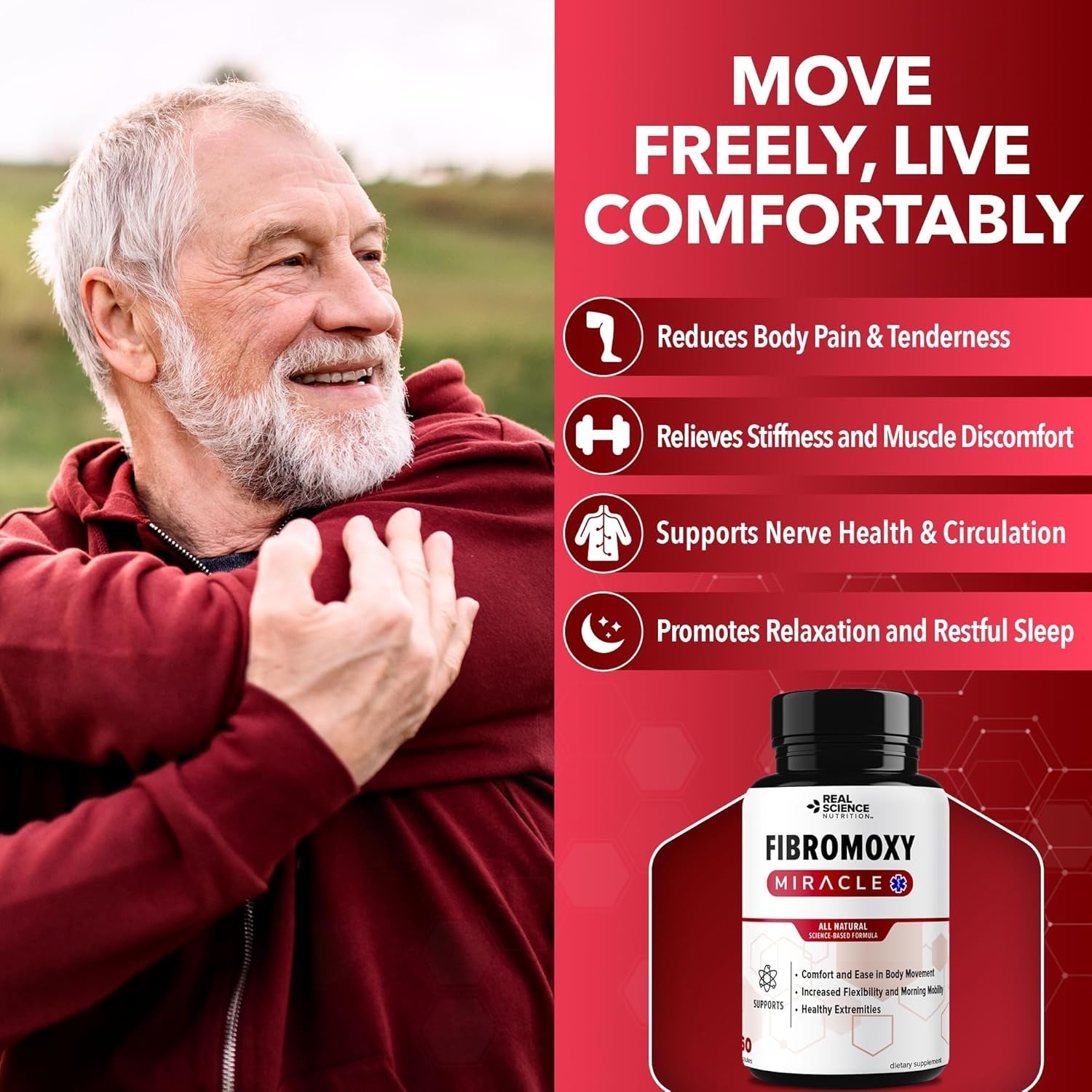 Real Science Fibromoxy Miracle – All Natural Fibromyalgia Relief Supplement for Pain, Stiffness & Fatigue with Vitamins B6, B12, C, D, K + Nitric Oxide Support – Neurological & Circulatory Aid, 60Caps