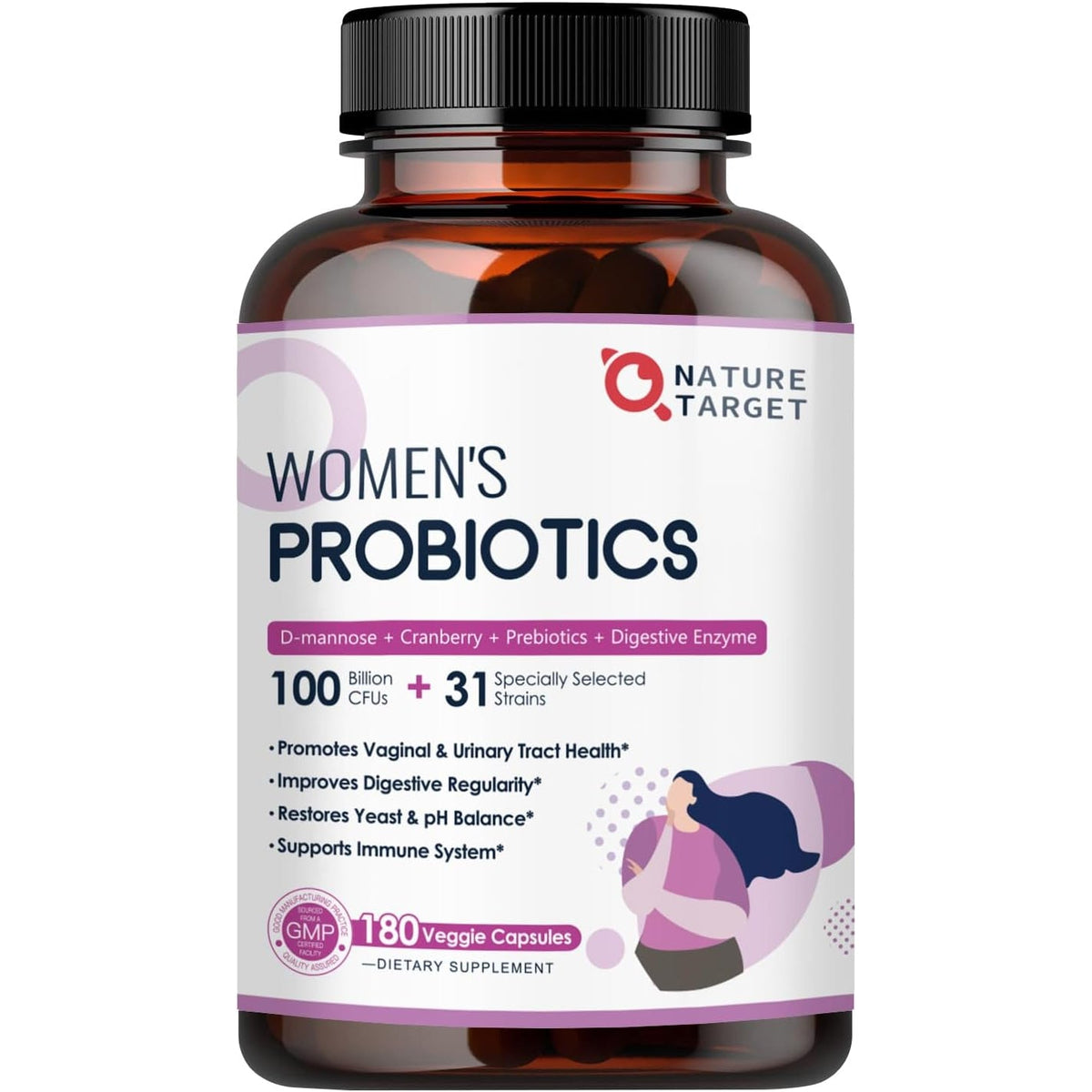 NATURE TARGET Probiotics for Women, 100 Billion Cfus Probiotic with Digestive Enzymes & Prebiotics, Vaginal Probiotics with Cranberry for Urinary Tract Health, Ph Balance, 180 Veggie Capsules