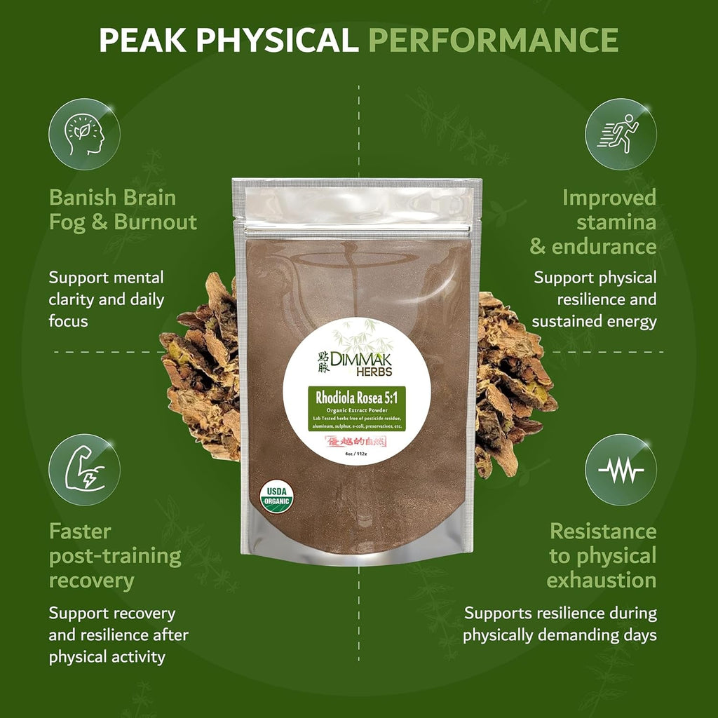 Dimmak Herbs Organic Rhodiola Rosea Extract 5:1 Powder (High Potency Adaptogen)- TCM Doctor Formulated 100% Golden Root for Energy, Focus & Cortisol Support- Non-Gmo, Extra Strength Concentrate (4Oz)