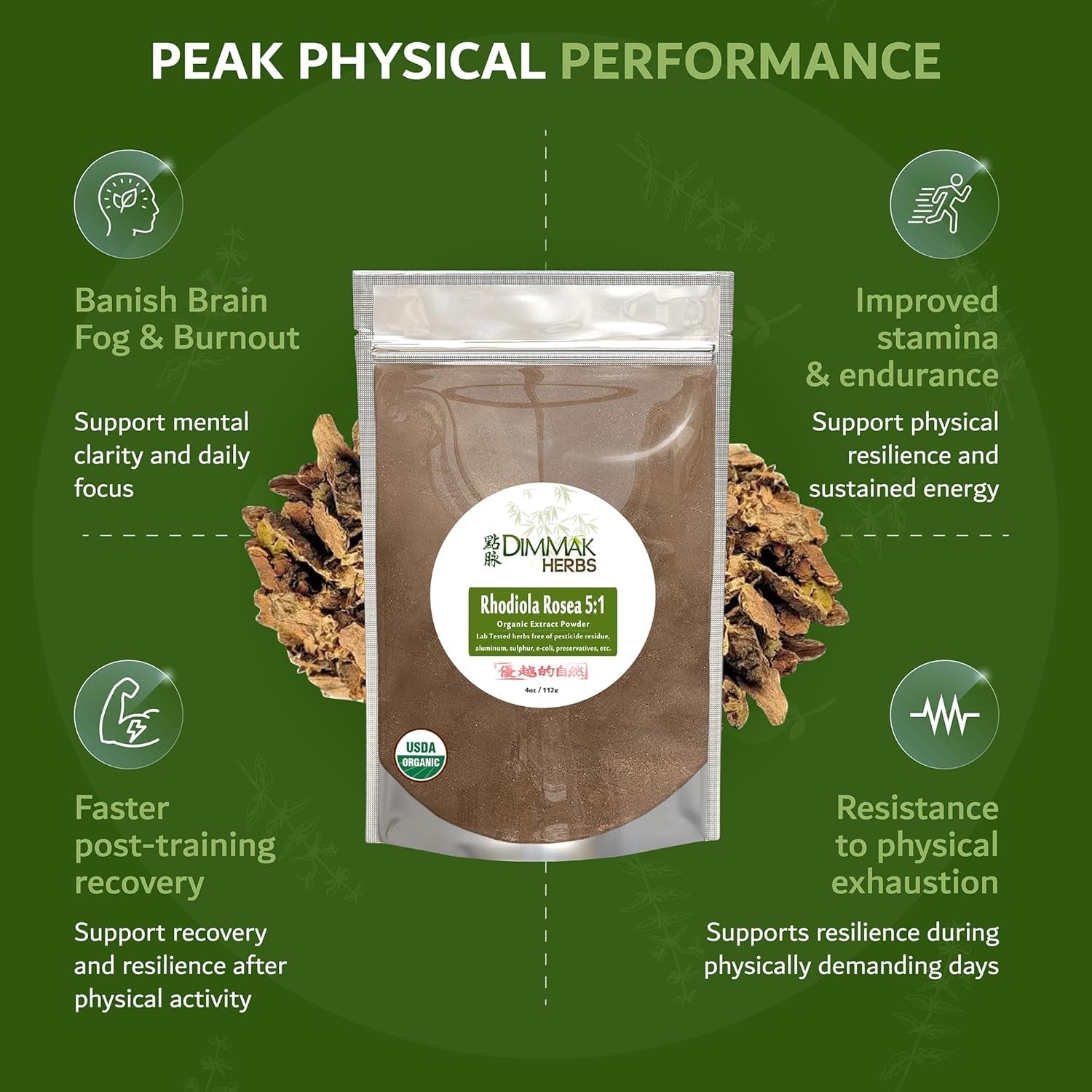 Dimmak Herbs Organic Rhodiola Rosea Extract 5:1 Powder (High Potency Adaptogen)- TCM Doctor Formulated 100% Golden Root for Energy, Focus & Cortisol Support- Non-Gmo, Extra Strength Concentrate (4Oz)