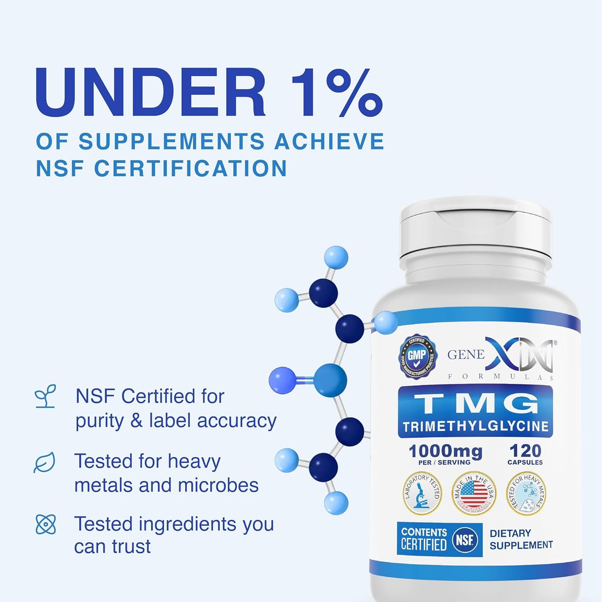 Genex Formulas TMG Supplement 1000Mg (120 Capsules) - NSF Certified for Safety, Quality & Label Accuracy - Betaine Anhydrous Trimethylglycine - Liver Supplement - Gluten Free & Non-Gmo - 30-Day Supply