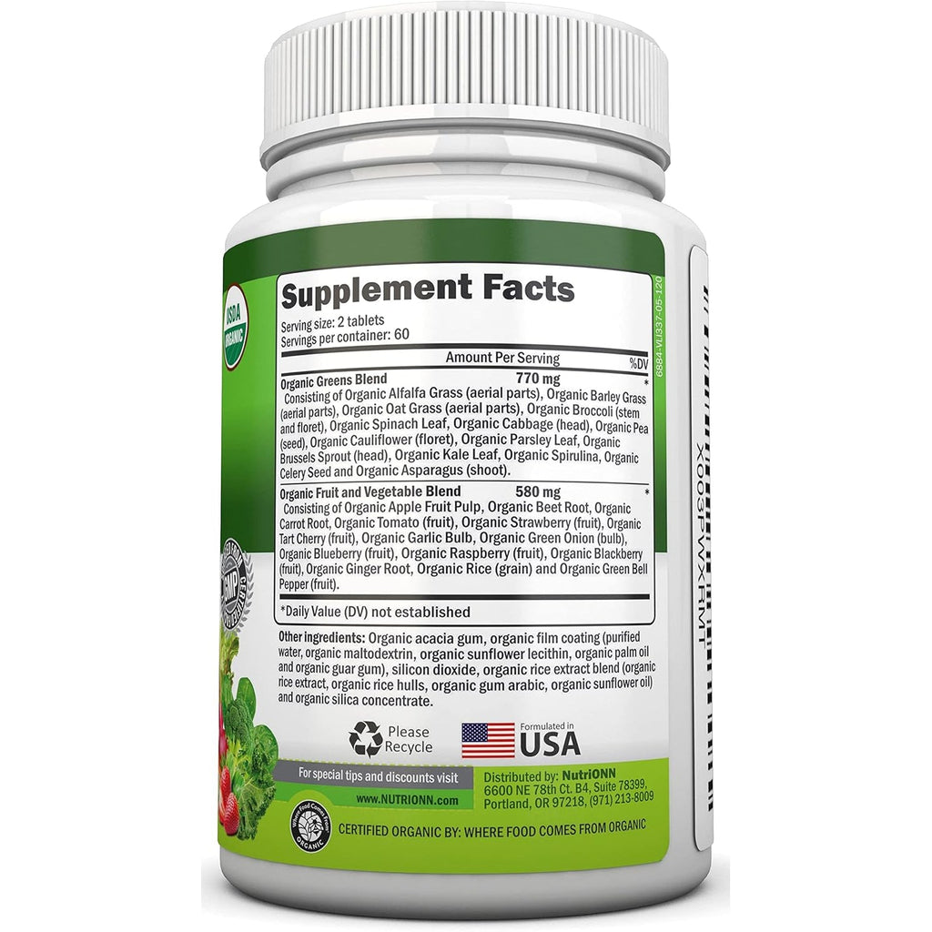 Organic Super Greens Capsules - Fruit and Vegetable Supplements - 120 Count - 28 USDA Organic & Vegan Premium Ingredients - Superfood Blend for Immune Health, Digestion & Energy - Whole Food Vitamins