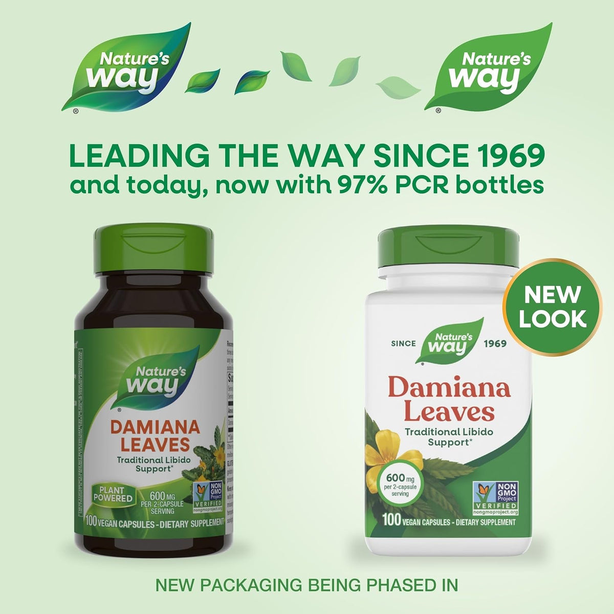 Nature'S Way Damiana Leaves, Traditional Libido Support*, Damiana Leaf Supplement, 600 Mg per 2-Capsule Serving, Non-Gmo Project Verified, Vegan, 100 Capsules (Packaging May Vary)