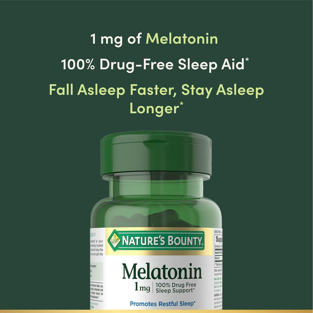 Nature'S Bounty Melatonin, 100% Drug Free Sleep Aid, Promotes Relaxation and Sleep Health, 1Mg, 180 Tablets
