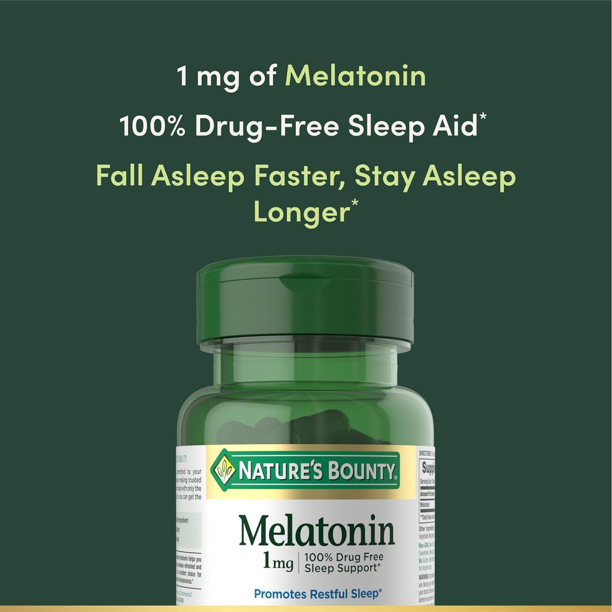 Nature'S Bounty Melatonin, 100% Drug Free Sleep Aid, Promotes Relaxation and Sleep Health, 1Mg, 180 Tablets