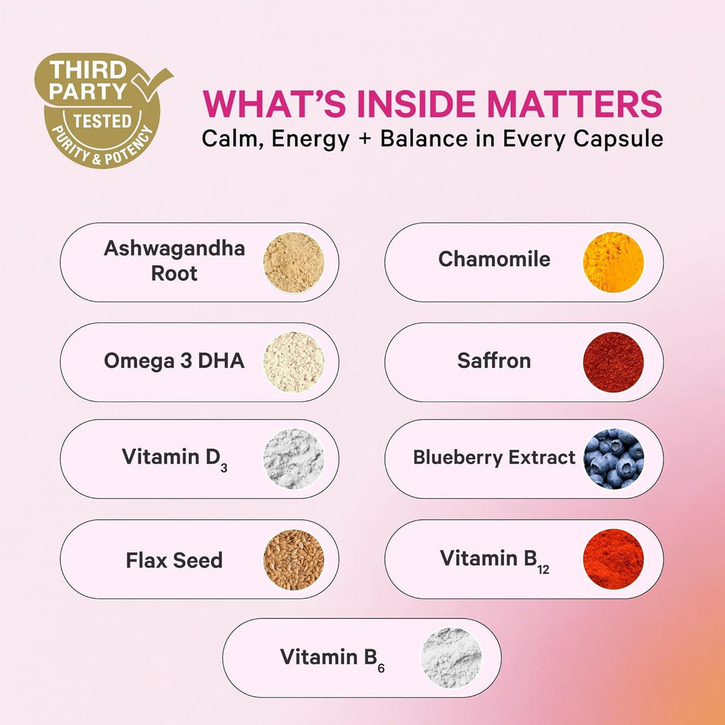 Pink Stork Cortisol Supplements for Women - Adaptogenic Adrenal Support & Stress Manager with Organic Ashwagandha, Omega 3, Saffron, Multivitamins - Mood & Hormone Balance - 60 Count