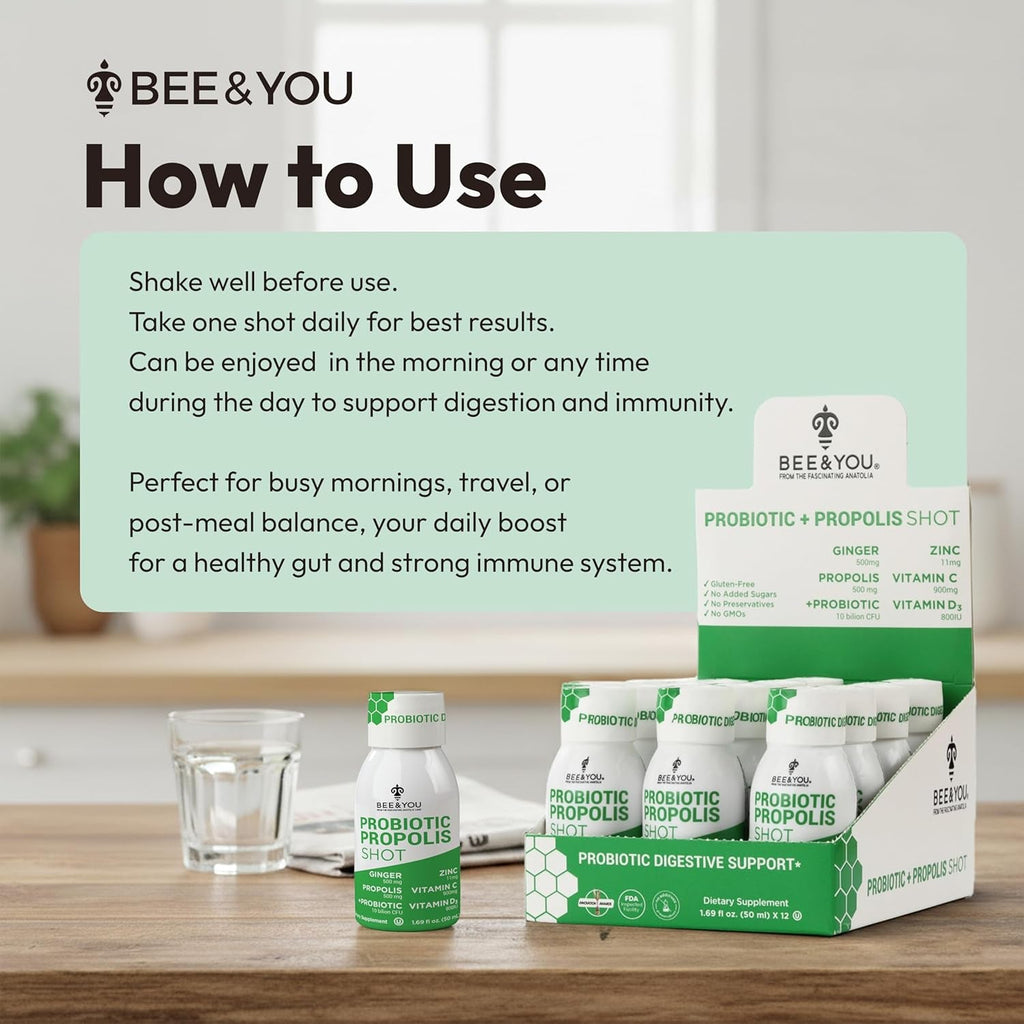 Bee and You Propolis Immune Shot, Probiotic, Vitamin C, Vitamin D3, Zinc, Ginger, Immune Support, Gut Health, Digestive Health, Bioactive 1.69 Fl. Oz, 12 Pack