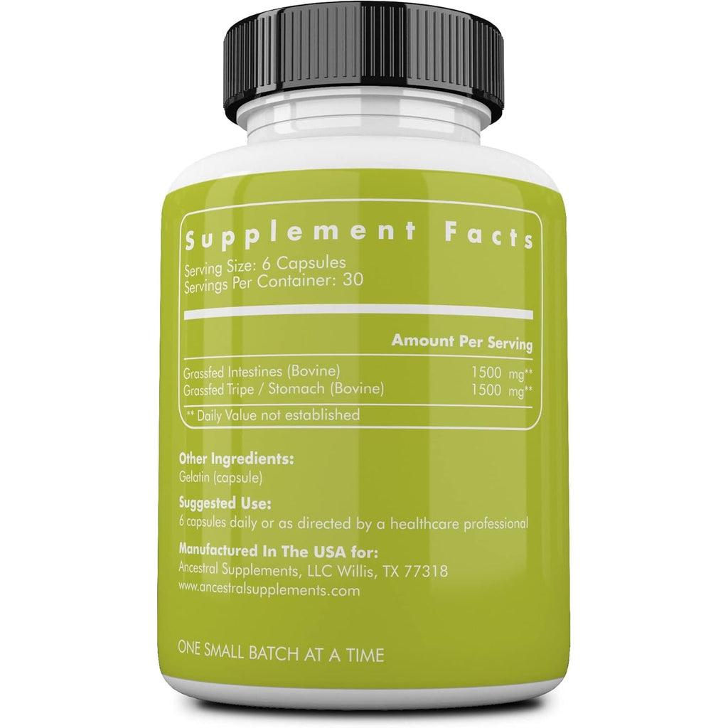 Ancestral Supplements Grass Fed Beef Intestines with Stomach (Tripe), 3000Mg, Digestion Supplement Supports Acid Reflux and Gut, Intestine and Digestive Health, Non GMO, 180 Capsules