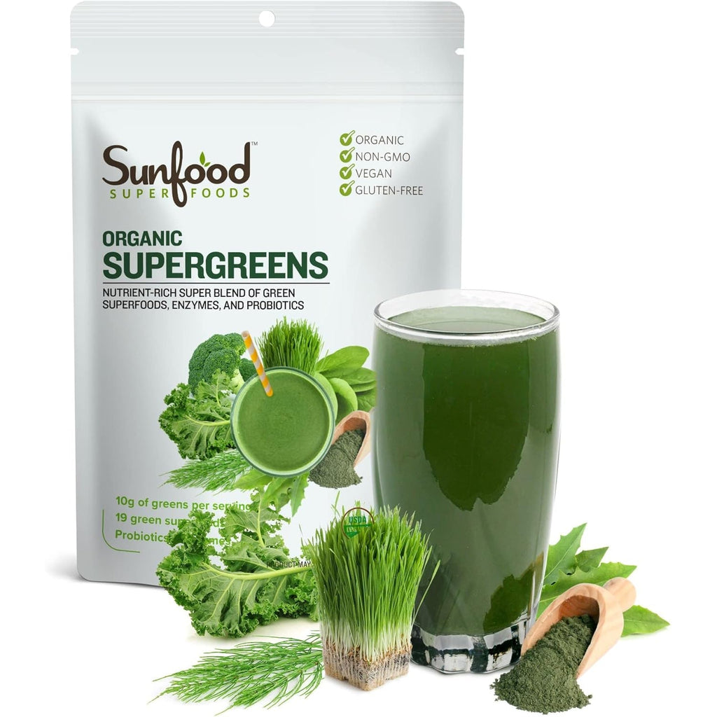 Sunfood Superfoods Organic Supergreens Blend - Greens Superfood Powder, Daily Green Juice Powder, Vegetable Smoothie Drink Mix with Chlorella, Spirulina, Alfalfa, Kale, & More - 8 Oz Bag