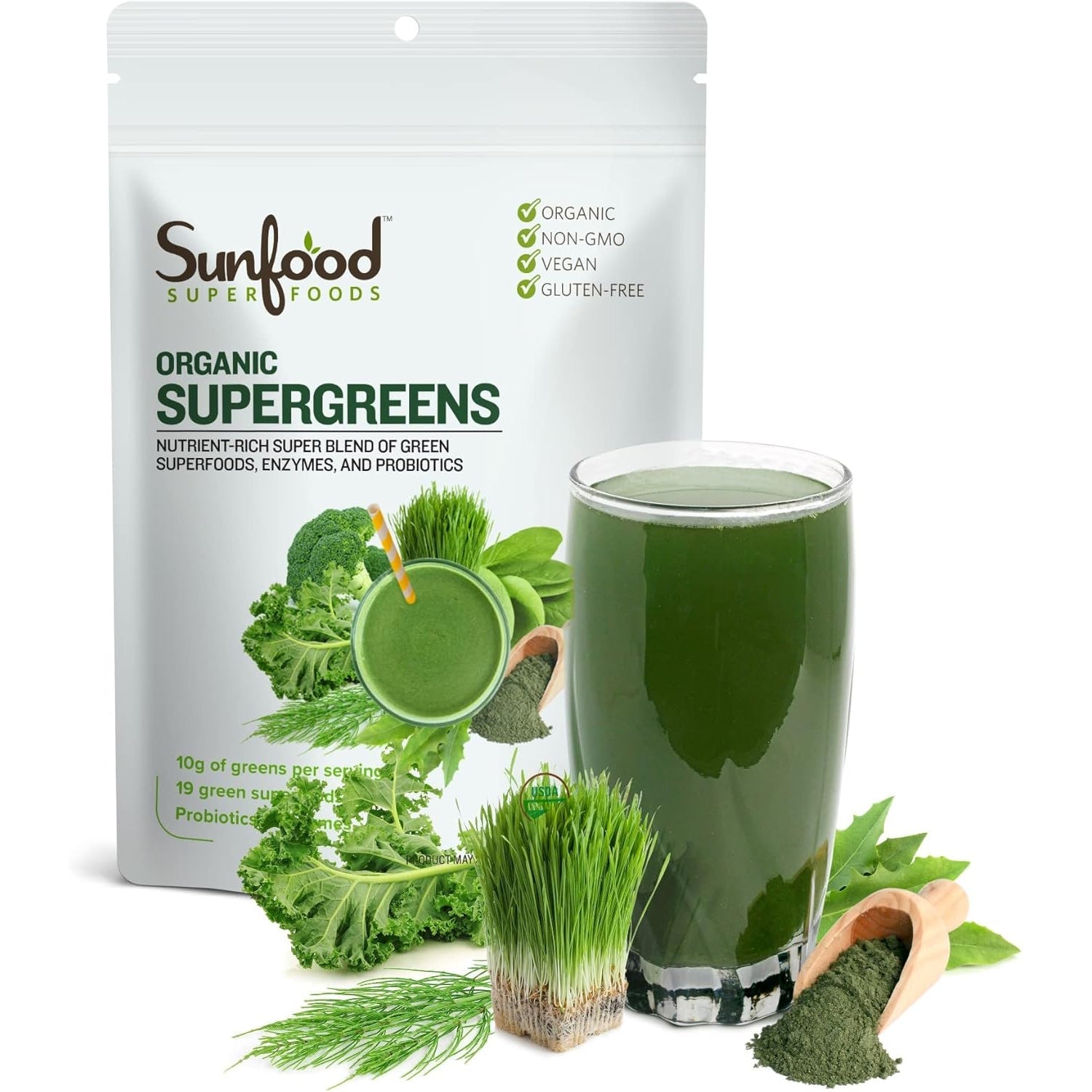 Sunfood Superfoods Organic Supergreens Blend - Greens Superfood Powder, Daily Green Juice Powder, Vegetable Smoothie Drink Mix with Chlorella, Spirulina, Alfalfa, Kale, & More - 8 Oz Bag
