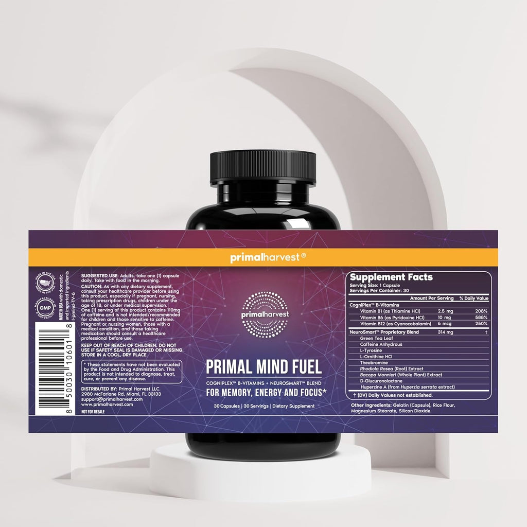 Brain Supplement by Primal Harvest, Primal Mind Fuel Brain Booster for Focus, Energy, Clarity, and Brain Health 30 Capsules Nootropics Brain Support Supplement for Men and Women