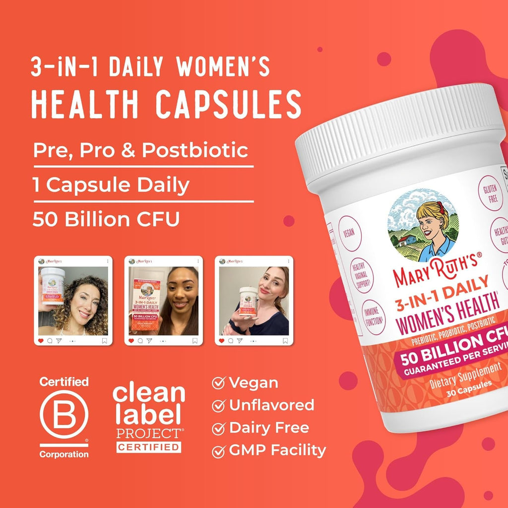 MARYRUTH'S 3-In-1 Daily Health Probiotics for Women | Hormone Support & Gut Health Supplement for Women | Women’S Probiotic | 50 Billion CFU | Vegan | 30 Ct
