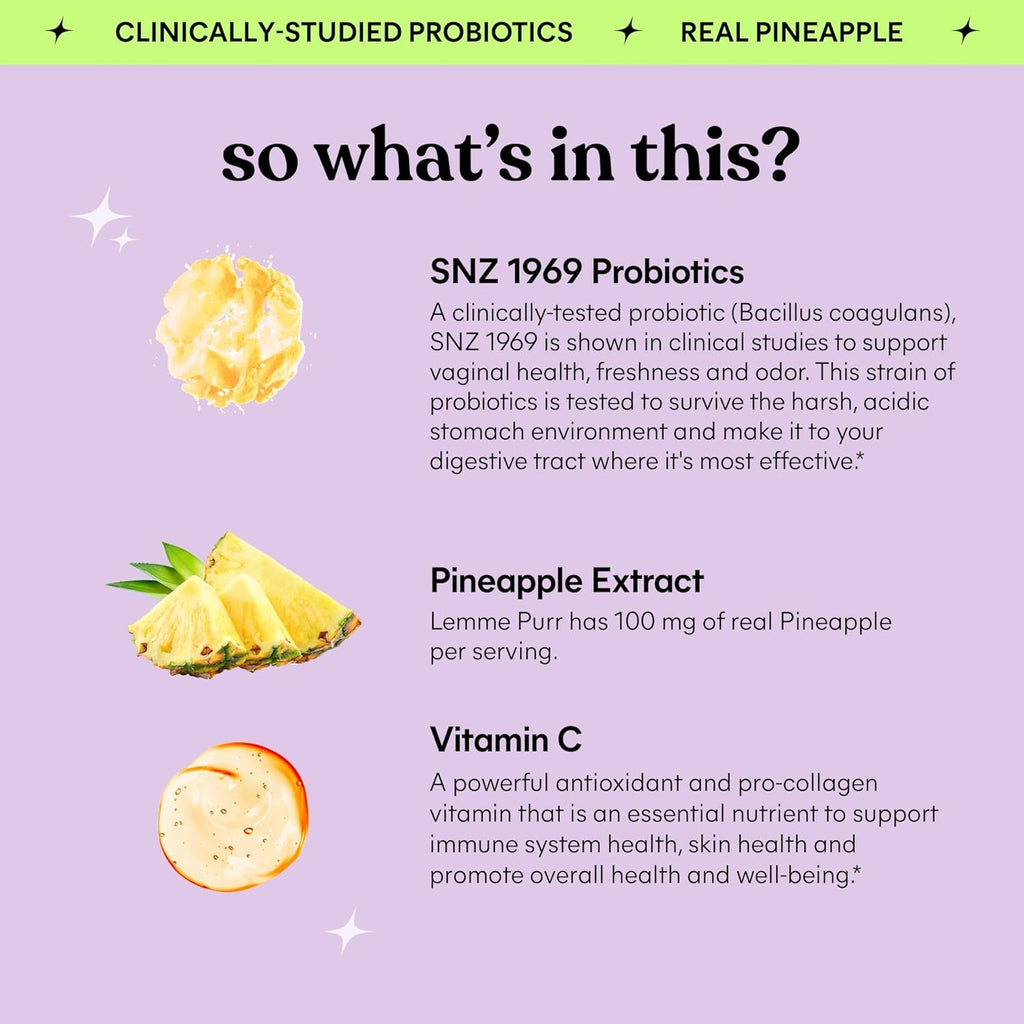 Lemme Purr Vaginal Probiotic Gummies for Women - Balanced Ph, Healthy Odor, Yeast Balance & Flora Support + Vitamin C for Immune Health - Tasty Pineapple (60 Count)