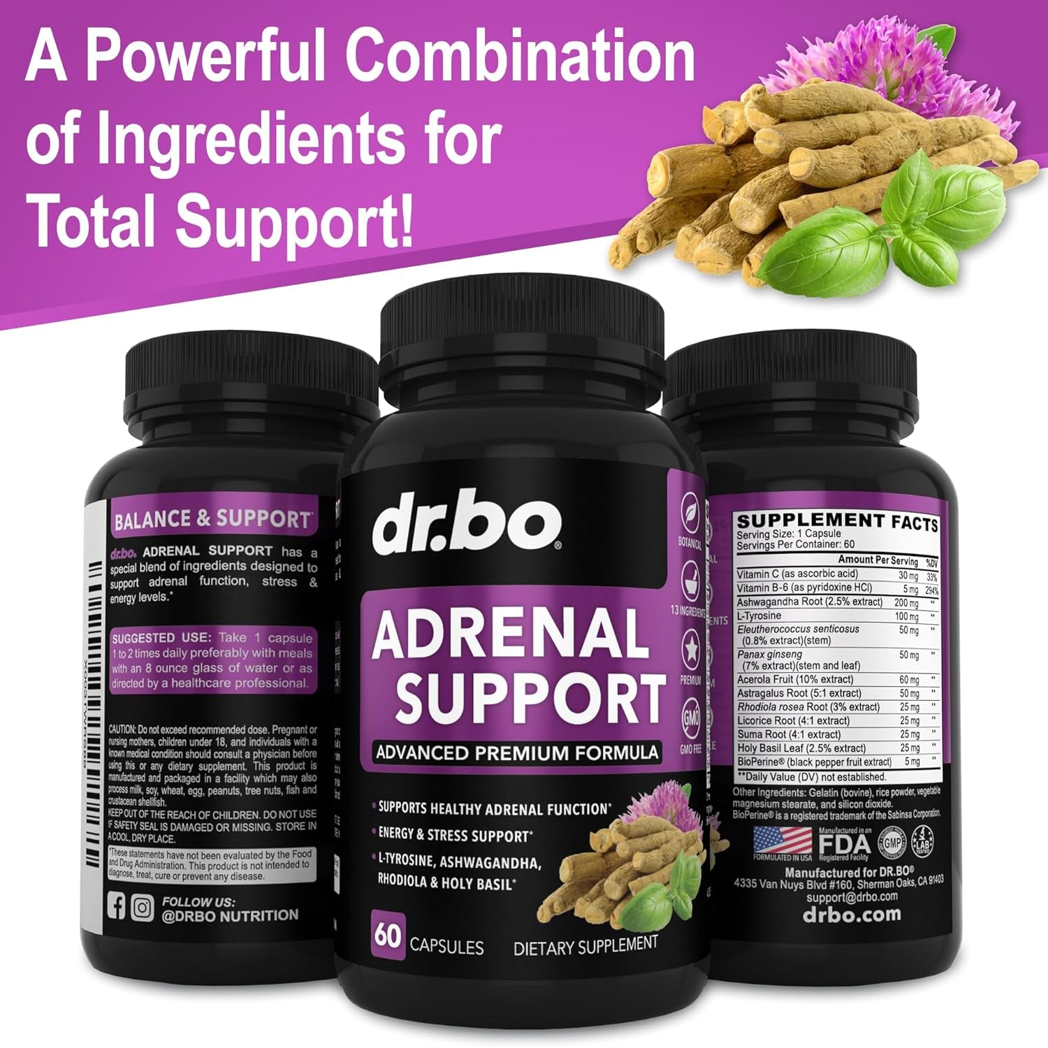 Adrenal Support Cortisol Manager Supplement - Adrenal Fatigue Supplements for Women & Men with Natural Adaptogen Ashwagandha Holy Basil Rhodiola L Tyrosine Complex Fatigue Cortisol Health - 60 Pills