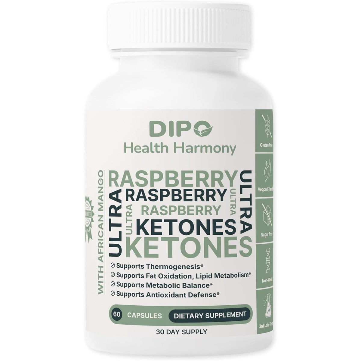 DIPO Raspberry Ketones Ultra 500Mg with African Mango Seed, Green Tea Extract & Apple Cider Vinegar - Metabolism & Healthy Weight Management Supplement for Women & Men - Vegan Non-Gmo, 60 Capsules