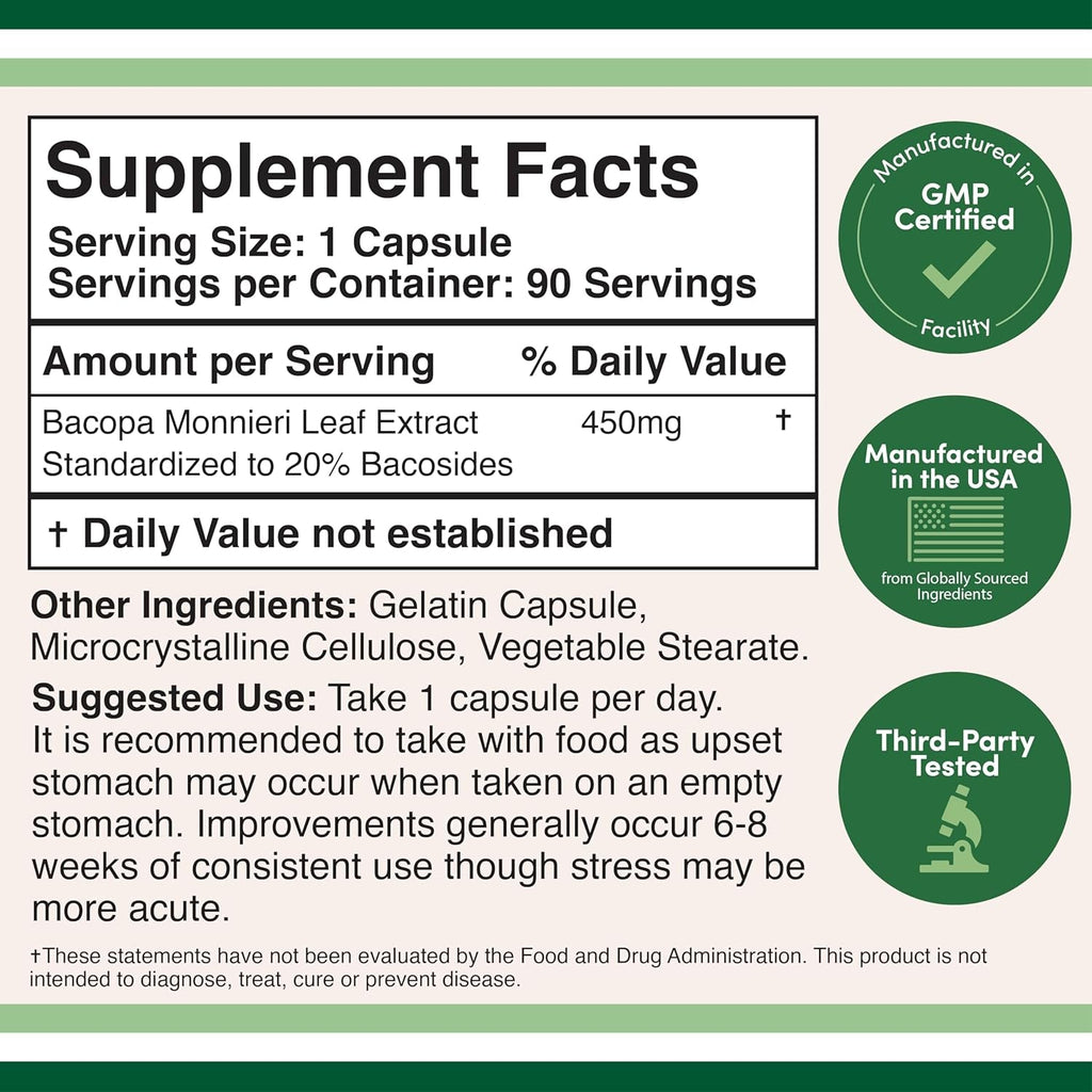 Bacopa Monnieri Capsules 20% Bacosides 450Mg, 90 Count (Non-Gmo, Gluten Free) Brahmi Extract (Memory Supplement for Brain Health, Focus, and Cognitive Function) by Double Wood