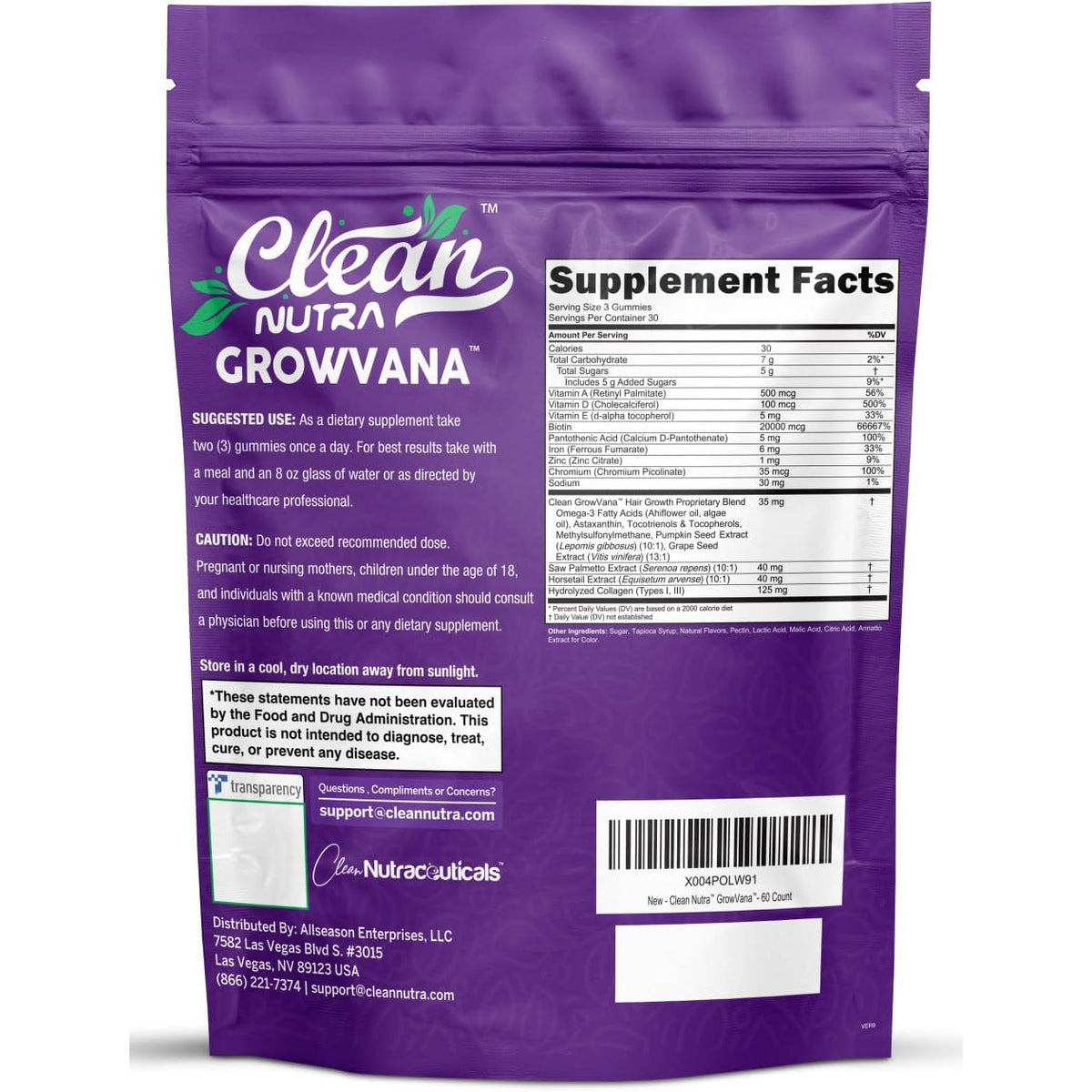 Growvana Hair Growth Gummies for Women Biotin Collagen Keratin Saw Palmetto Horsetail Astaxanthin Iron Zinc Pantothenic Acid Vitamin a D E Pumpkin Seed Ahiflower MSM Supplement by Clean Nutra 90 Count