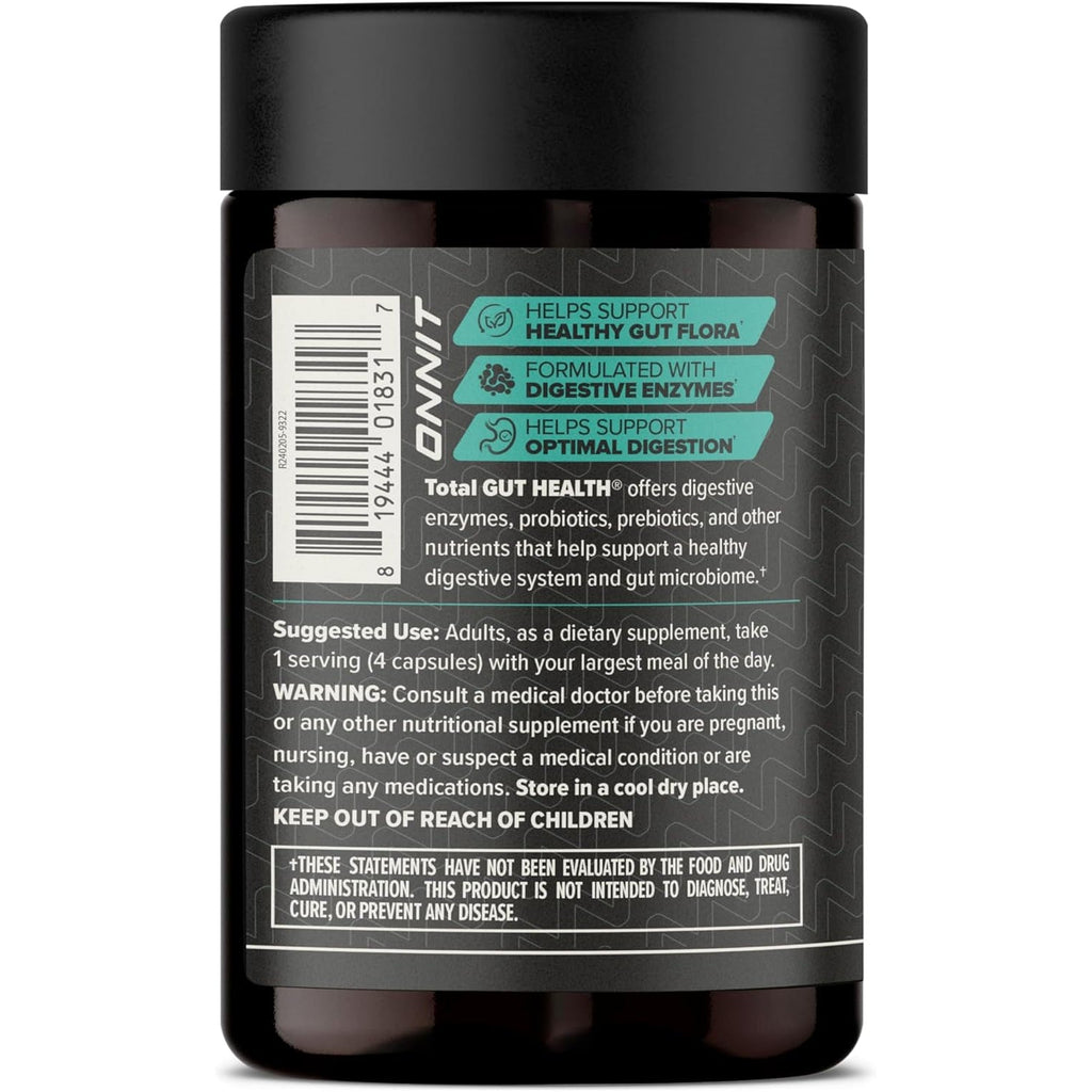 ONNIT Total Gut Health Daily Digestive Support, IGEN Non-Gmo Tested Digestion Supplement for Women and Men with 7 Strains of Probiotics, Prebiotics, Enzymes and Betaine HCL, 120 Count