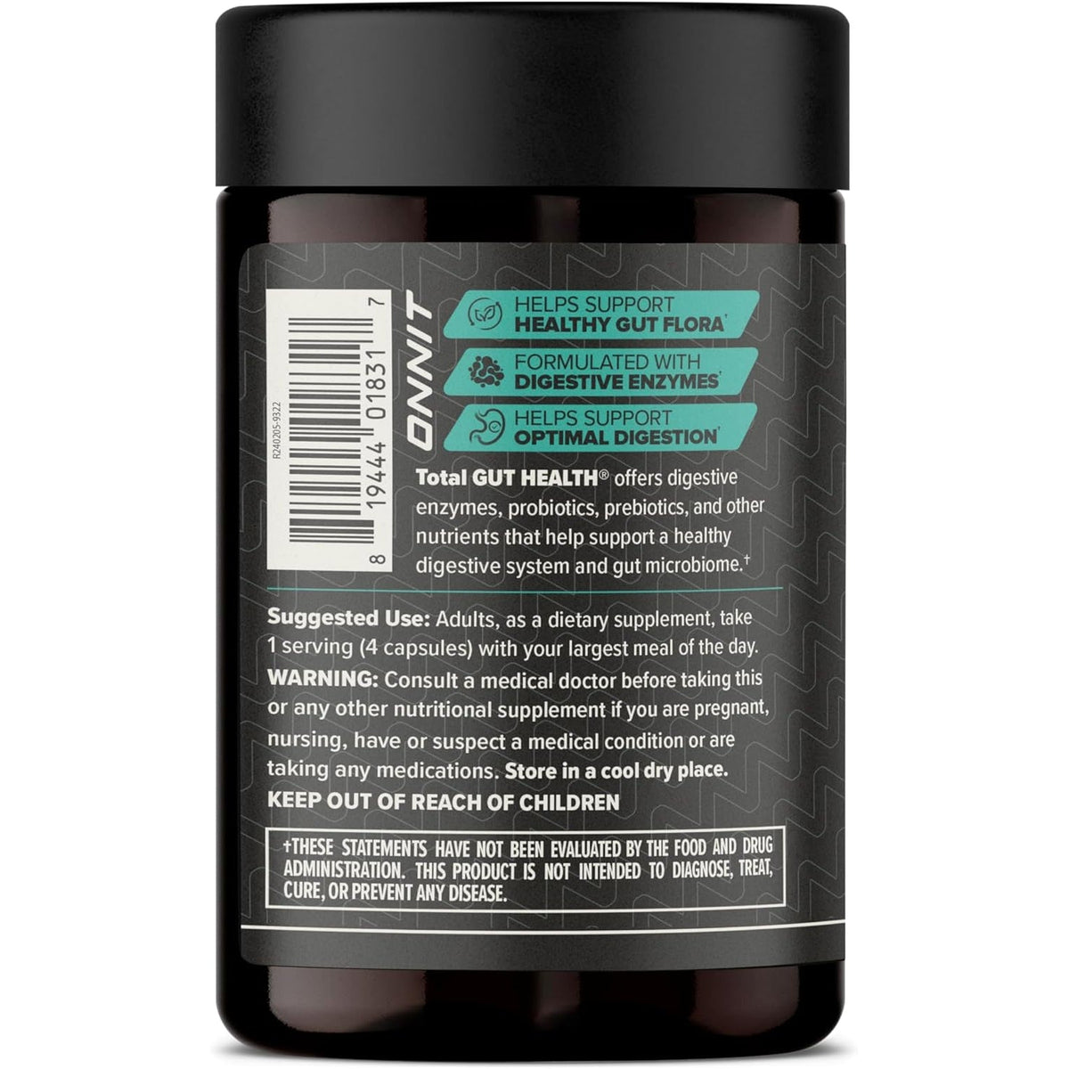 ONNIT Total Gut Health Daily Digestive Support, IGEN Non-Gmo Tested Digestion Supplement for Women and Men with 7 Strains of Probiotics, Prebiotics, Enzymes and Betaine HCL, 120 Count