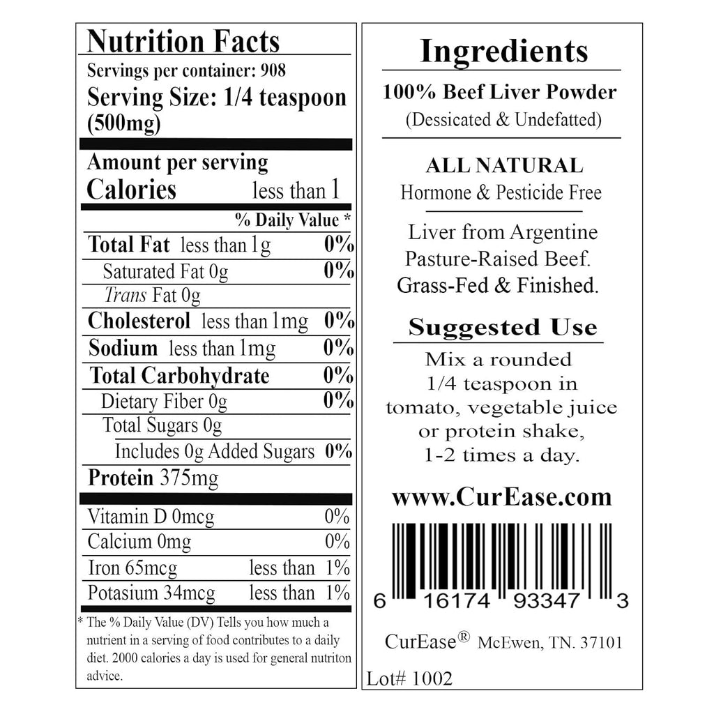 Curease Argentine Grass Feed Beef Liver Powder Undefatted Desiccated (Dried) Pesticide and Hormone Free 1Lb One Pound (453Grams) 908 Servings