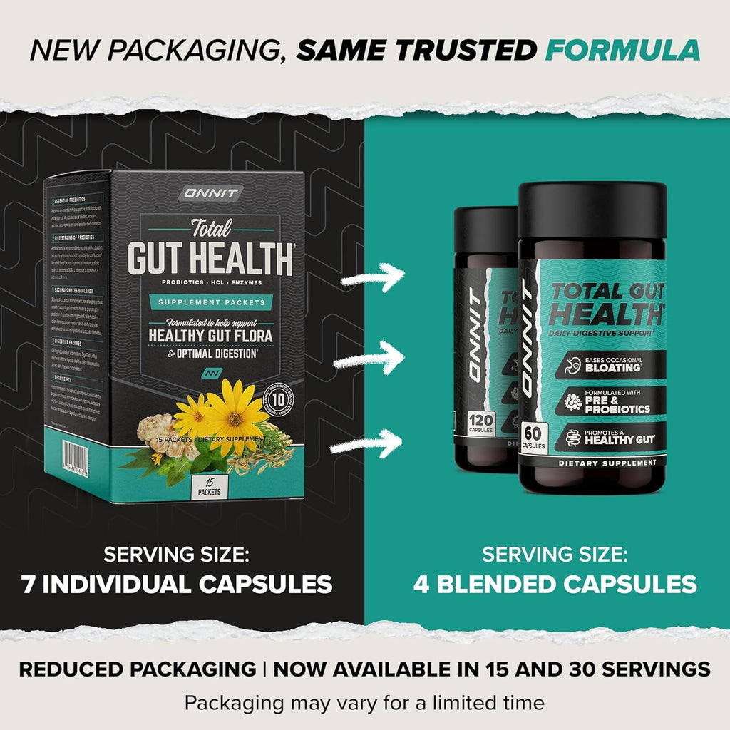ONNIT Total Gut Health Daily Digestive Support, IGEN Non-Gmo Tested Digestion Supplement for Women and Men with 7 Strains of Probiotics, Prebiotics, Enzymes and Betaine HCL, 120 Count