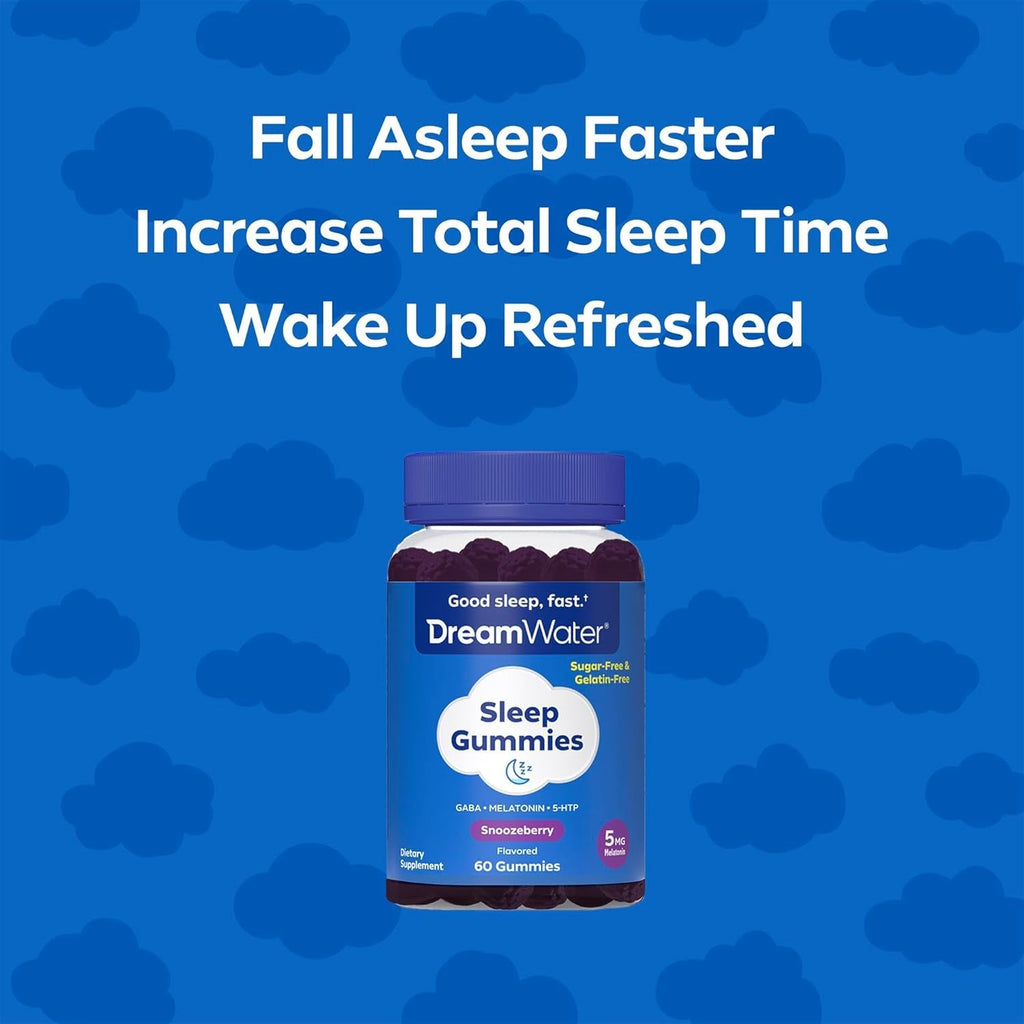 Dream Water Sleep Gummies (60 Count) Sleep Aids for Adults - 5Mg Melatonin, GABA, 5-HTP - Natural Snoozeberry Flavor (Blue Raspberry) - Easy Chew Melatonin Gummies - Sugar Free, Gluten Free, Vegan.
