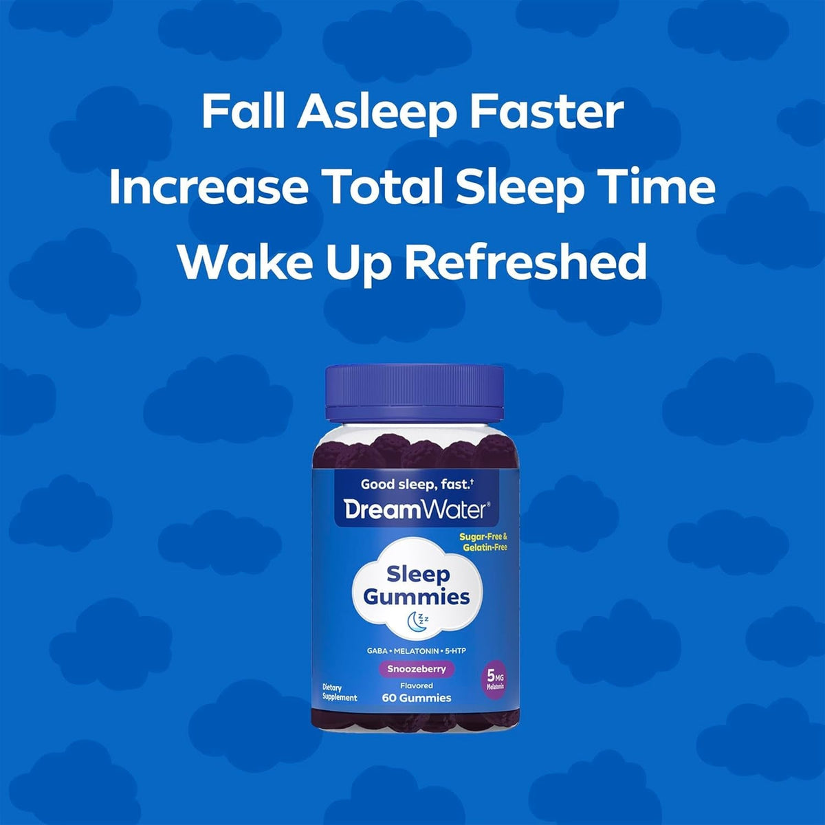 Dream Water Sleep Gummies (60 Count) Sleep Aids for Adults - 5Mg Melatonin, GABA, 5-HTP - Natural Snoozeberry Flavor (Blue Raspberry) - Easy Chew Melatonin Gummies - Sugar Free, Gluten Free, Vegan.