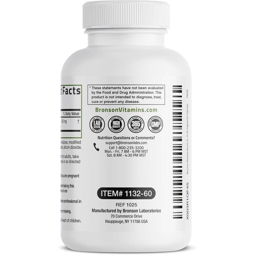 Bronson Rhodiola Rosea Vegetarian Capsules - Adaptogenic Herb - Brain, Stress & Mood Support - Non-Gmo, 60 Count