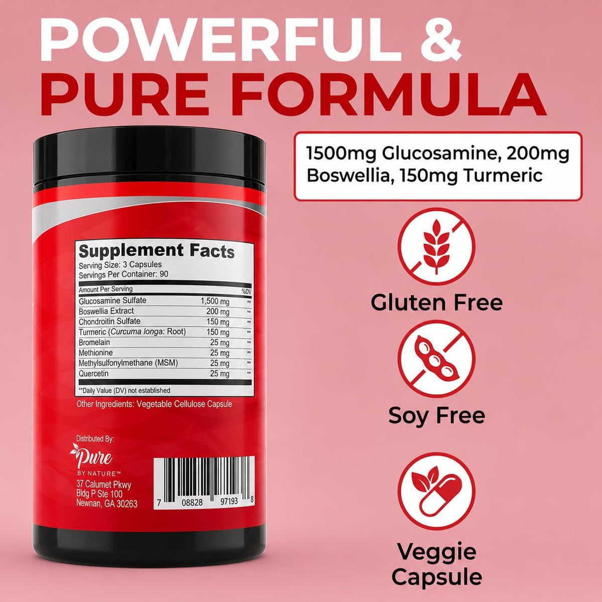 Pure by Nature Glucosamine Chondroitin MSM Turmeric Boswellia (90 Day Supply) - Joint Support Supplement for Women & Men, Nutritional Support for Joint Strength, Gluten Free, Non GMO - 270 Capsules