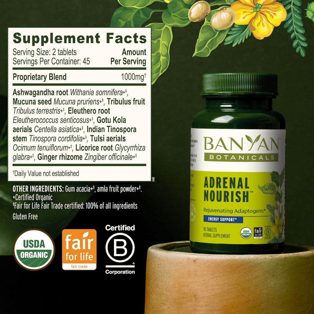 Banyan Botanicals Organic Adrenal Nourish - Cortisol Support & Stress Relief Supplement - Natural Energy & Fatigue Support with Ashwagandha & Adaptogens - 90 Tablets - Non-Gmo, Vegan*
