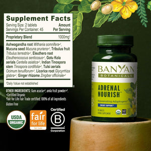 Banyan Botanicals Organic Adrenal Nourish - Cortisol Support & Stress Relief Supplement - Natural Energy & Fatigue Support with Ashwagandha & Adaptogens - 90 Tablets - Non-Gmo, Vegan*