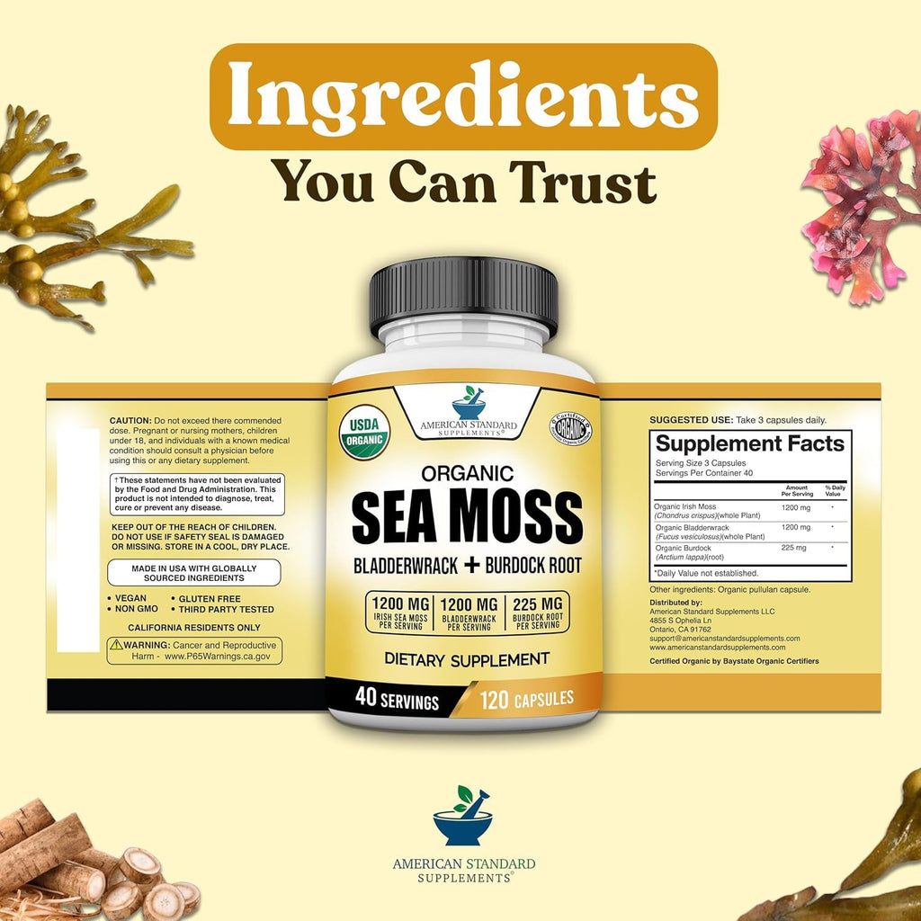 American Standard Supplements Organic Sea Moss, Bladderwrack & Burdock Root Capsules - 1200Mg Seamoss, 1200Mg Bladderwrack, 225Mg Burdock Root per Serving - 120 Capsules, 40 Servings