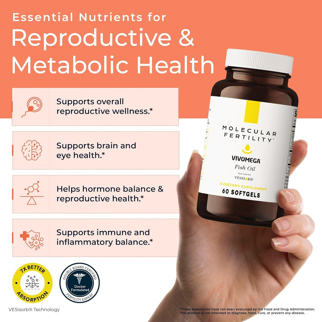 VIVOMEGA Fish Oil with Vesisorb® - Fertility Supplement for Women & Men - Doctor Formulated EPA DHA Omega 3 Fatty Acids, Vitamin D3 K2 for Reproductive Wellness - 60 Softgels
