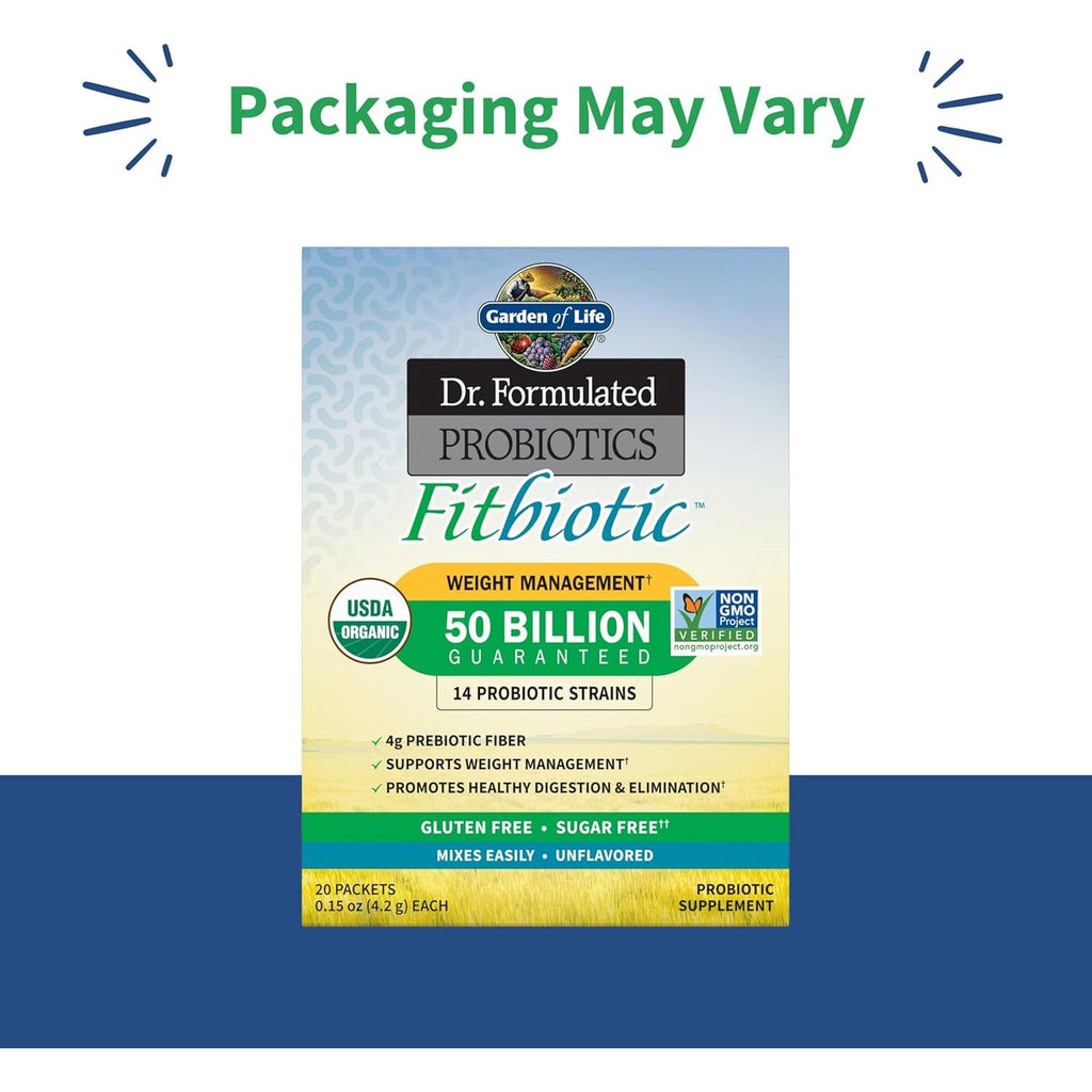 Garden of Life Dr. Formulated Probiotics Fitbiotic Weight Management Powder, 50 Billion CFU & Prebiotic Fiber, Organic & Non-Gmo Digestive Gut Health Probiotic Supplement, 20 Single Serving Packets