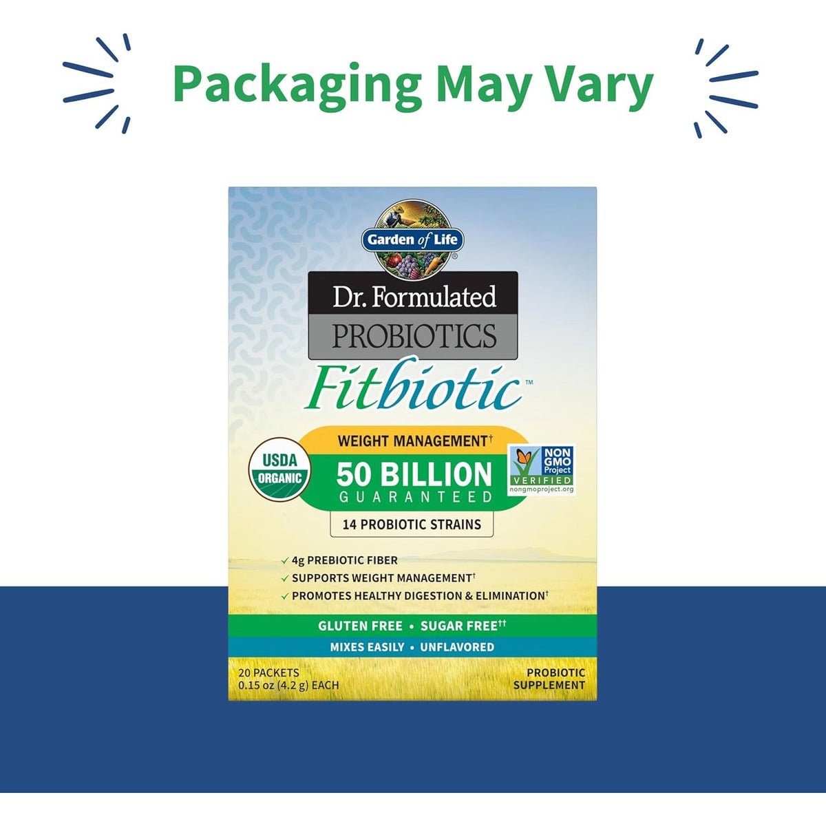 Garden of Life Dr. Formulated Probiotics Fitbiotic Weight Management Powder, 50 Billion CFU & Prebiotic Fiber, Organic & Non-Gmo Digestive Gut Health Probiotic Supplement, 20 Single Serving Packets