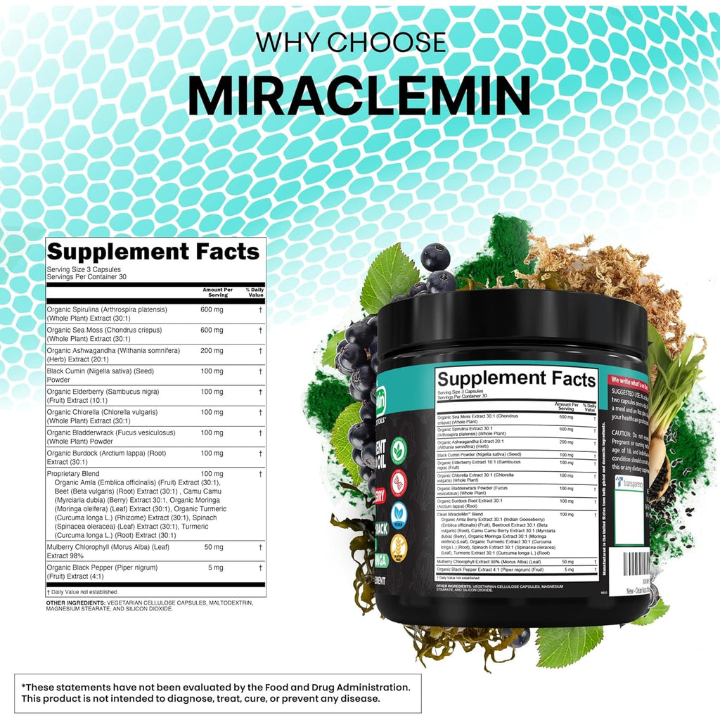 Clean Nutra Organic Sea Moss Capsules with Ashwagandha, Black Seed Oil, Burdock Root, Bladderwrack, Moringa, Chlorella, Spirulina, Turmeric, Elderberry, Amla � 90 Vegan Capsules � Miraclemin